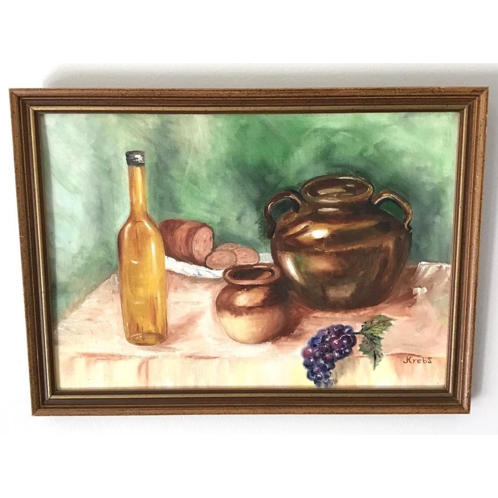 VTG Rustic Kitchen Still Life Oil Painting Signed Krebs Framed Farmhouse Cottage